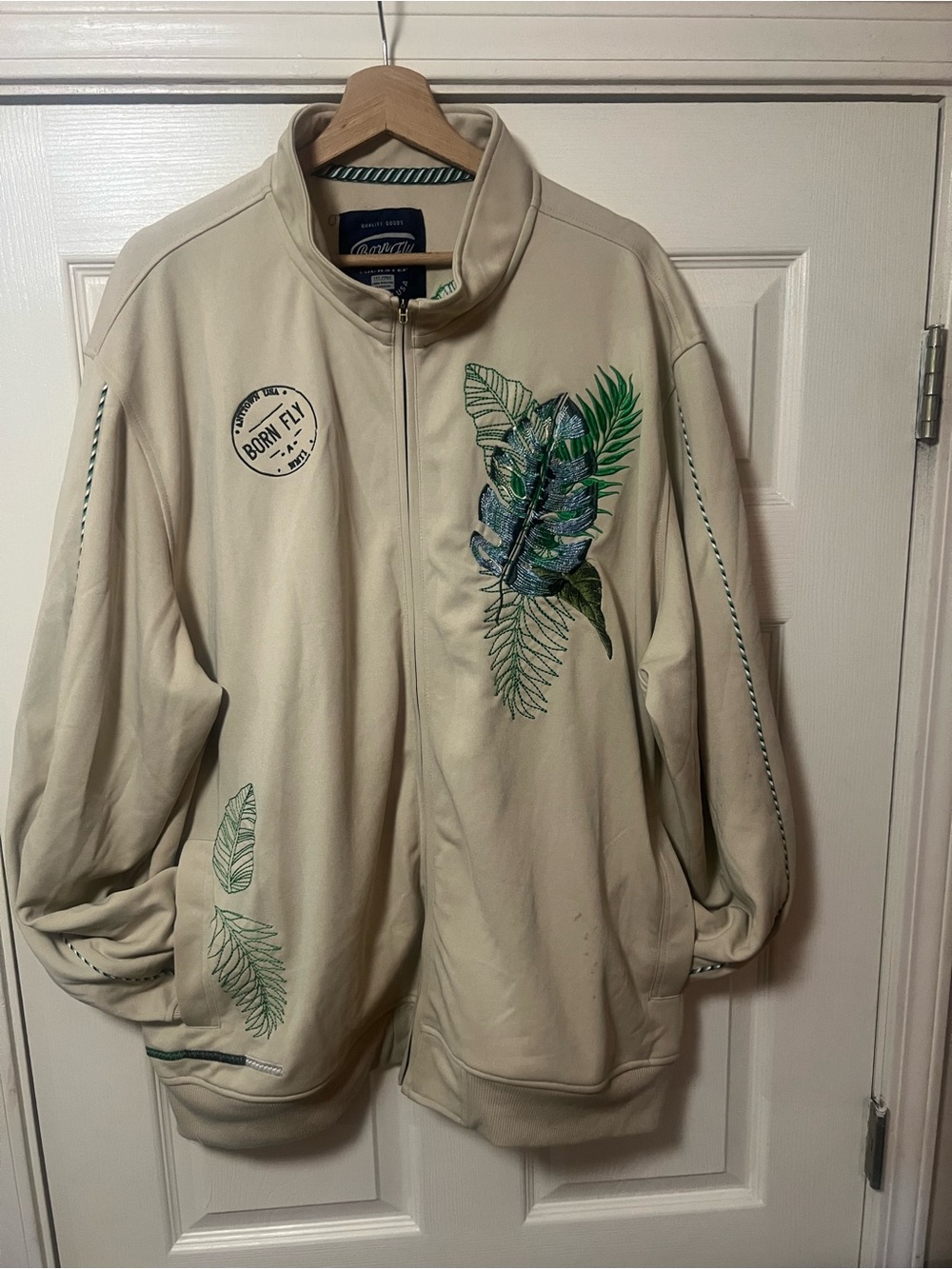 Men's Cream Track Jacket with Green Leaf Embroidery